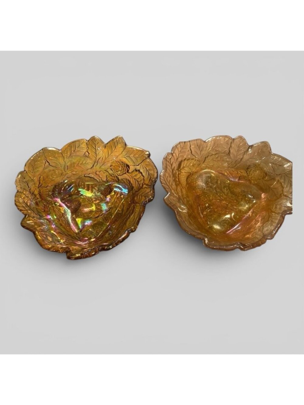 Vintage Carnival glass textured 3D amber gold nut berry bowls MCM